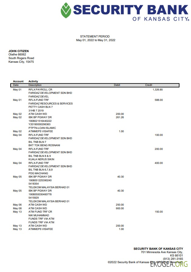 Déclaration de la USA Security Bank of Kansas City